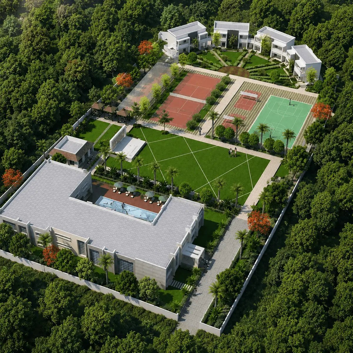 Sustainable residential estate featuring landscaped gardens, sports courts, and green community spaces promoting eco-friendly living.